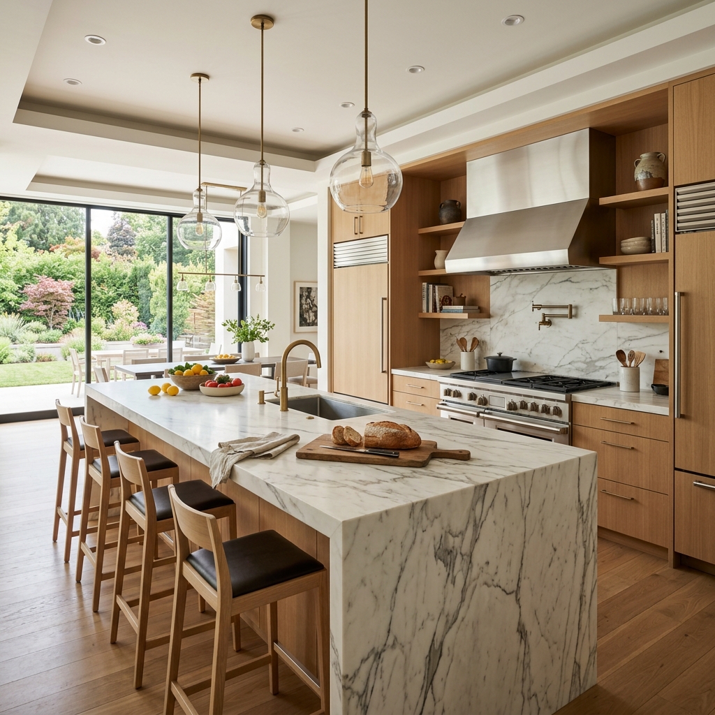 Gourmet Kitchen with Marble Waterfall Island