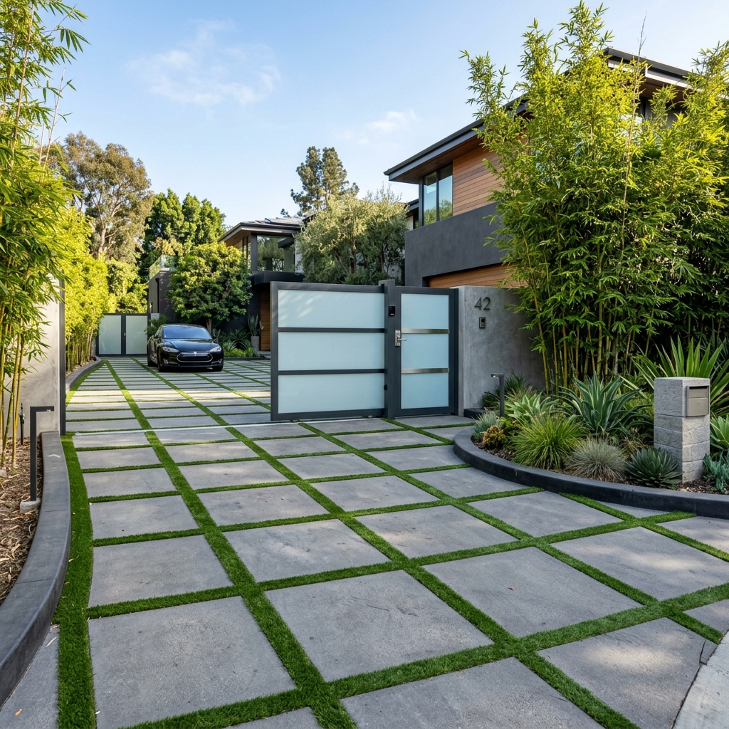 Modern Driveway Entrance with Concrete Turf Pavers and Frosted Glass Gate