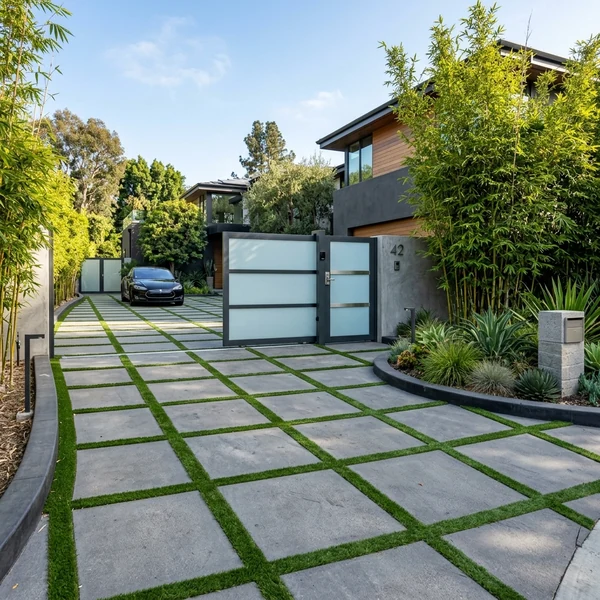Modern Driveway Entrance with Concrete Turf Pavers and Frosted Glass Gate