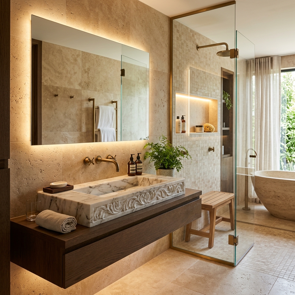 Spa Bathroom with Marble Sink and Glass Shower
