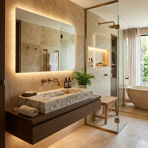Spa Bathroom with Marble Sink and Glass Shower